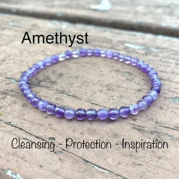 Genuine Amethyst Round 4MM Bead Healing Meditation Minimalist Dainty Bracelet - Picture 1 of 1